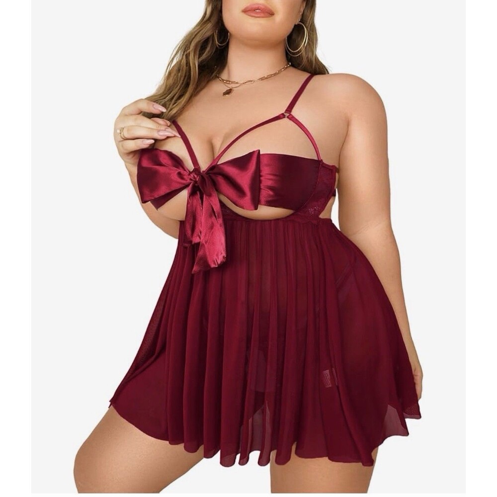 lingerie Unwrap Me Ribbon Split Back Flowy Gift Plus Size Lingerie red 5XL dress